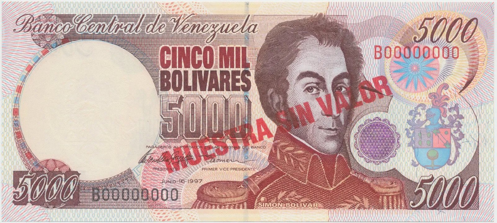Venezuela, 5000 Bolivares 1997, anulát - MUESTRA SIN VALOR, P.78as