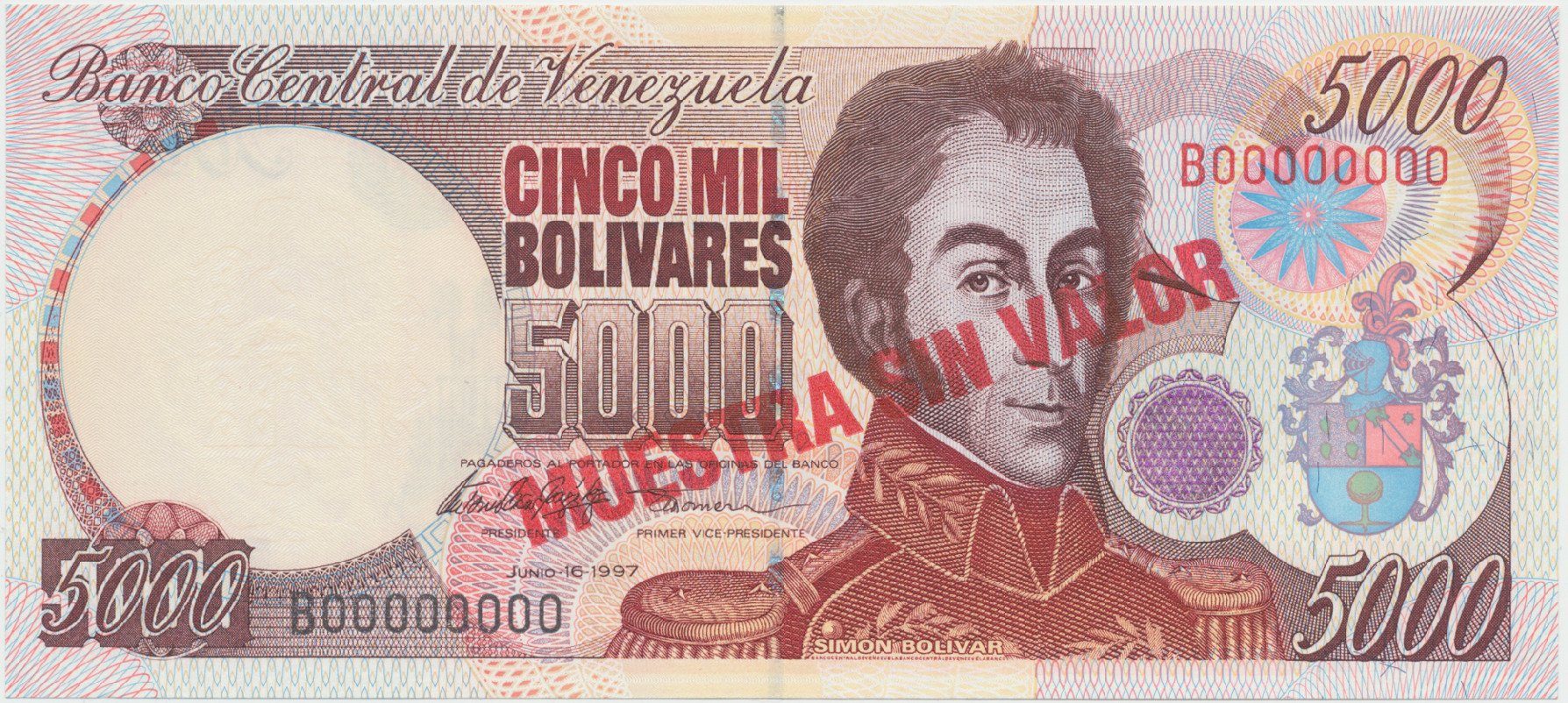 Venezuela, 5000 Bolivares 1997, anulát - MUESTRA SIN VALOR, P.78as