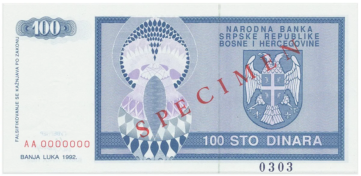 Bosna a Hercegovina, 100 Dinara 1992, bankovní vzor, AA 0000000, přet. SPECIMEN, P.135s