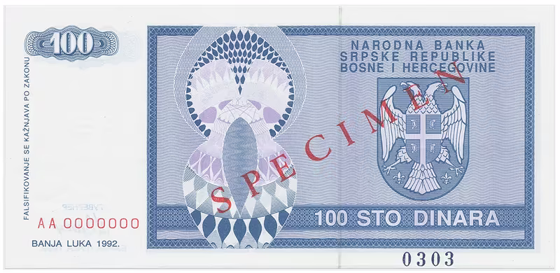 Bosna a Hercegovina, 100 Dinara 1992, bankovní vzor, AA 0000000, přet. SPECIMEN, P.135s