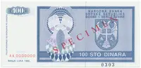 Bosna a Hercegovina, 100 Dinara 1992, bankovní vzor, AA 0000000, přet. SPECIMEN, P.135s