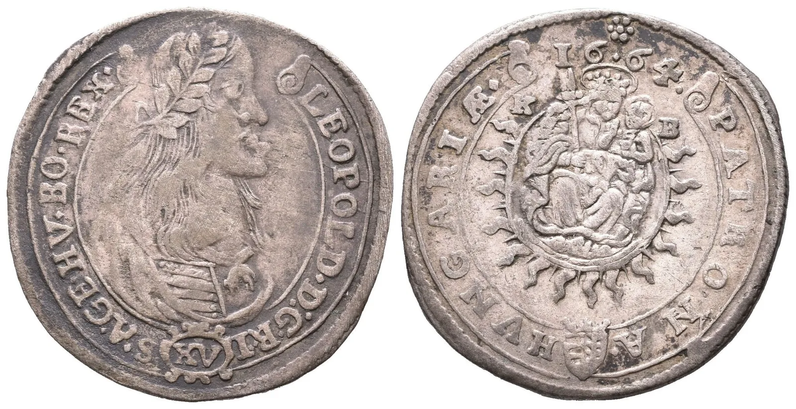 XV Krejcar 1664 KB, Kremnica, Husz.1423, tmavá patina, rysky — 1