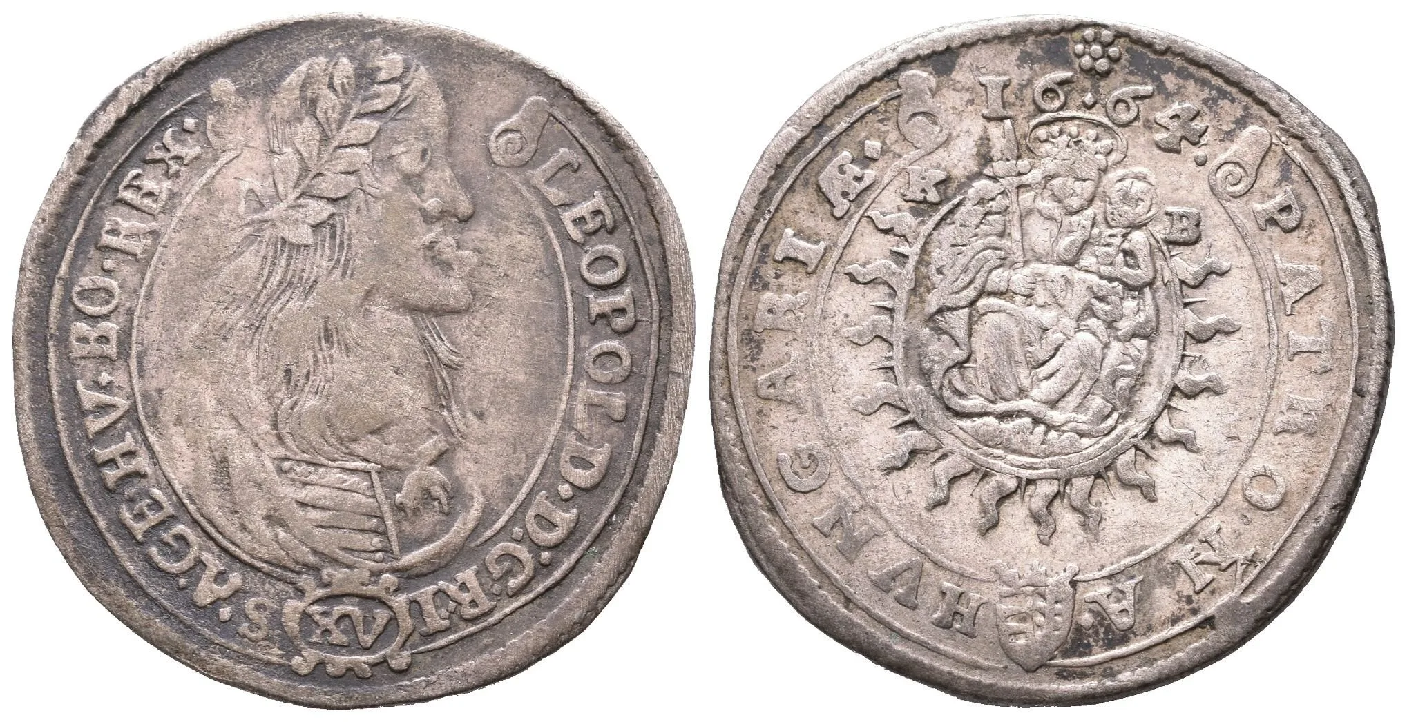 XV Krejcar 1664 KB, Kremnica, Husz.1423, tmavá patina, rysky — 1