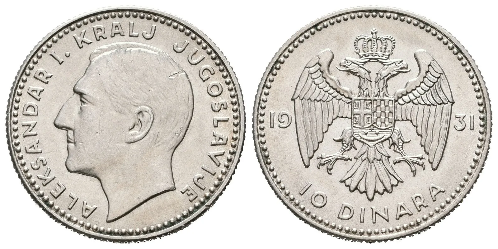 10 Dinár 1931, Londýn, KM.10, ražební lesk, škr. na Av. — 1