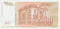 Jugoslávie, 5000 Dinara 1993, anulát AA 0000000, P.128 - fotografie 2