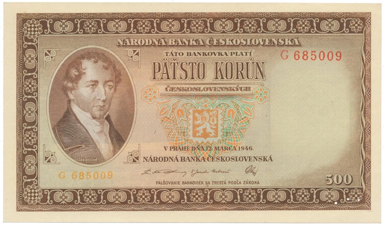 500 Koruna 1946, perforace 3 m.d. v obloučku, Hej.81aS2