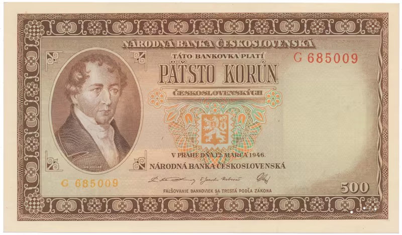 500 Koruna 1946, perforace 3 m.d. v obloučku, Hej.81aS2