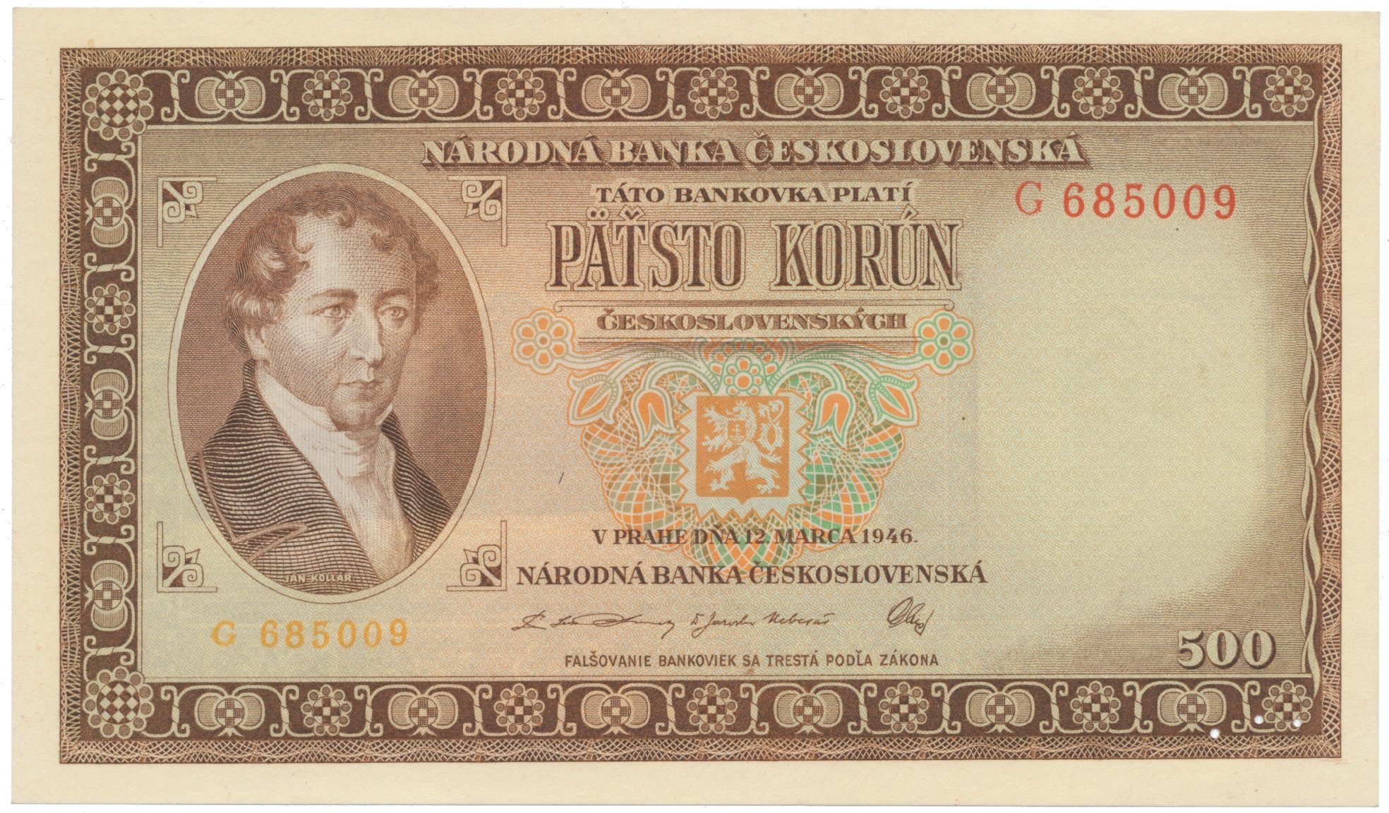 500 Koruna 1946, perforace 3 m.d. v obloučku, Hej.81aS2