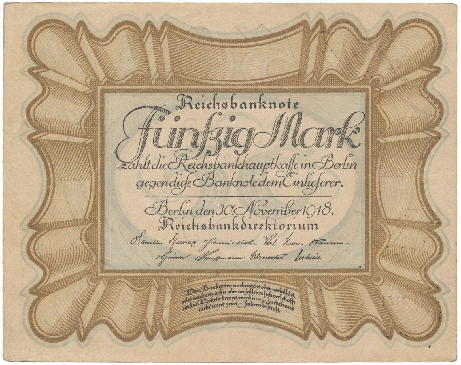 Německo, 50 Mark 1918, "EIERSCHEIN", Ro.57a