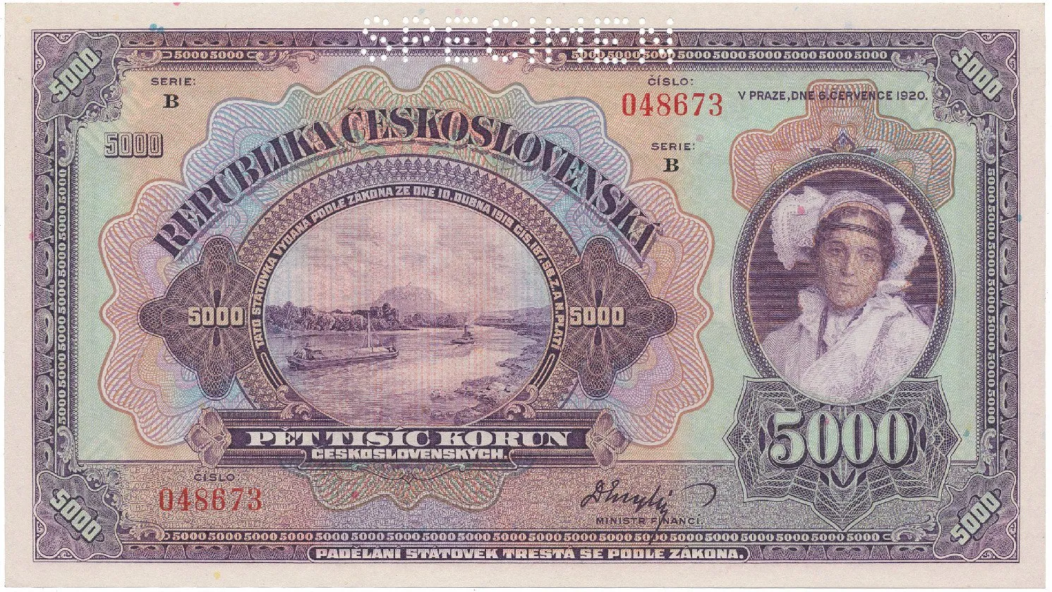 Československo, 5000 Koruna 1920, série B, perf. 1x SPECIMEN, Hej.17bB