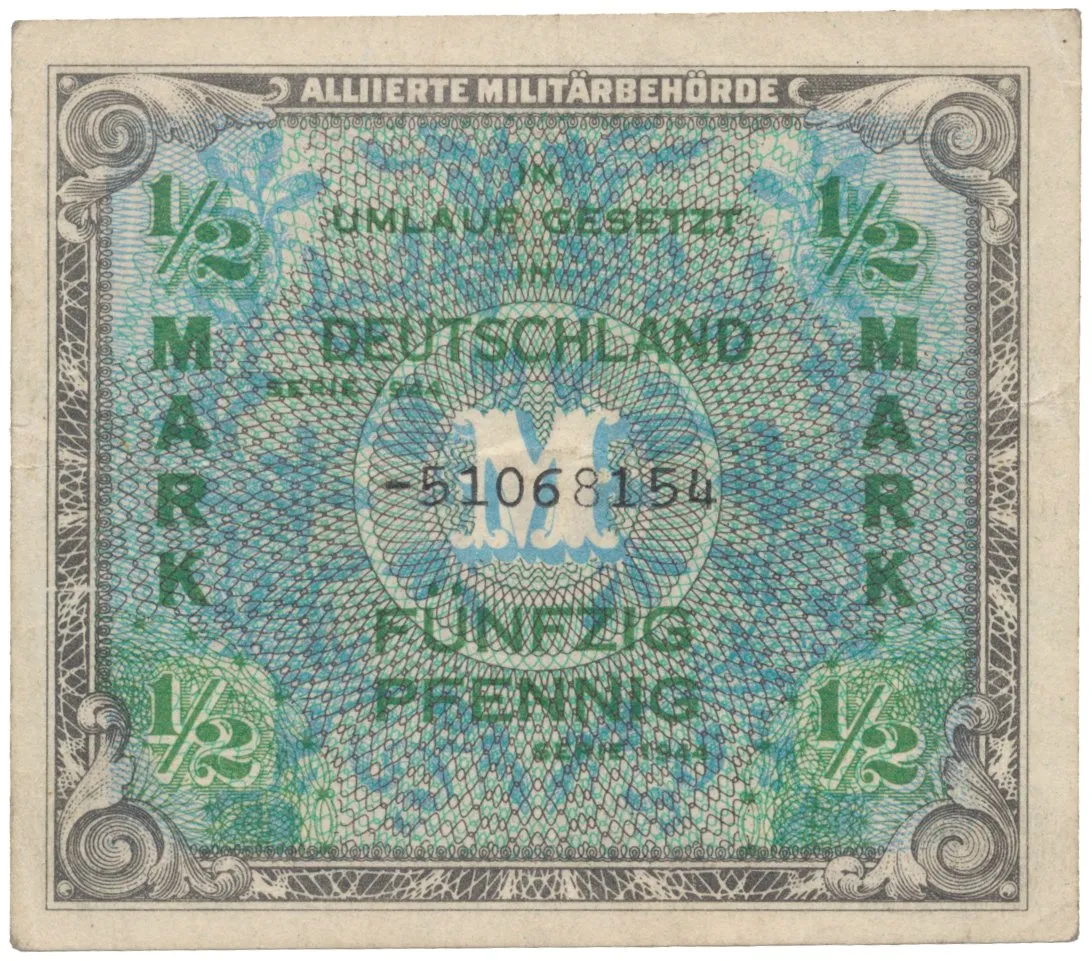 Okupační poukázky Allierte, 1/2 Mark 1944, tisk SSSR, 8-místný číslovač, Hej.AM1c