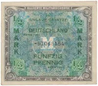 Okupační poukázky Allierte, 1/2 Mark 1944, tisk SSSR, 8-místný číslovač, Hej.AM1c