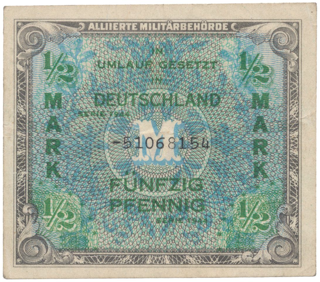 Okupační poukázky Allierte, 1/2 Mark 1944, tisk SSSR, 8-místný číslovač, Hej.AM1c