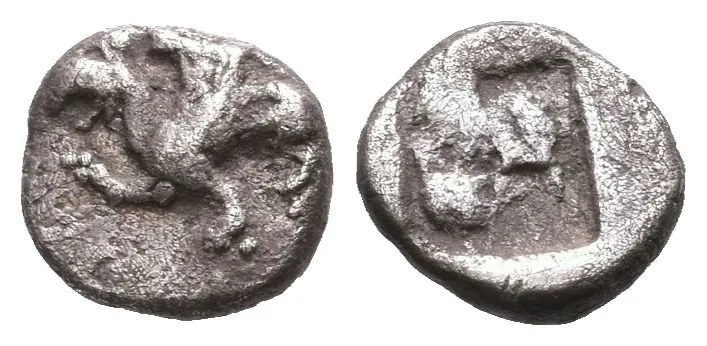 AR Obol, 480 - 465 př. Kr., Gryf zleva / Hlava orla v inkusním čtverci, — 1