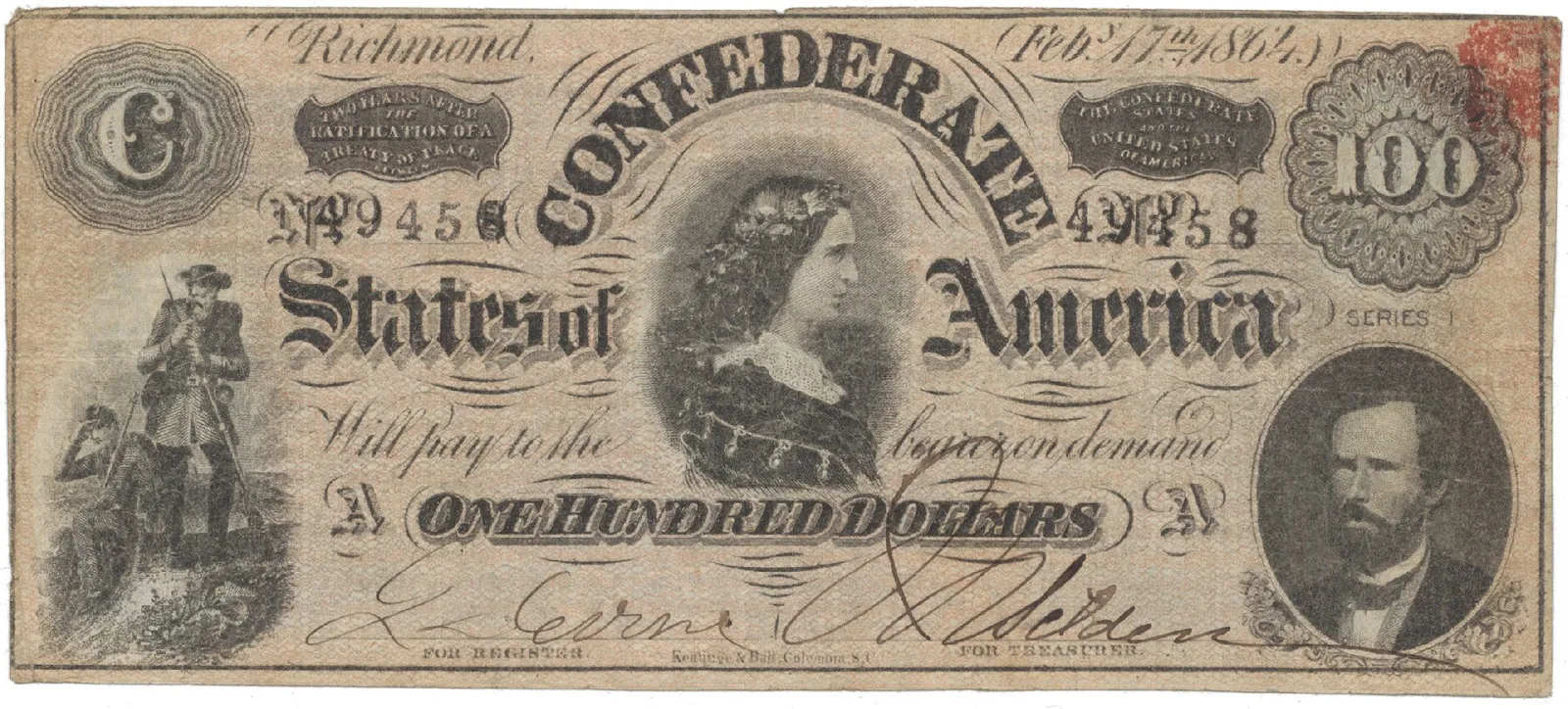 USA - Konfederace, 100 Dollars 1864, P.71