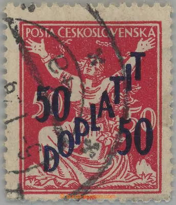 1927 Pof.DL49AX, CHYBOTISK Osvobozená republika 50/50 DOPLATIT s částí denního razítka PRAHA 14; celkově pěkný exemplář 