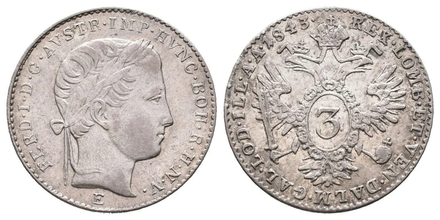 3 Krejcar 1843 E, Karlsburg, Husz.2090, velmi pěkná zachovalost, — 1
