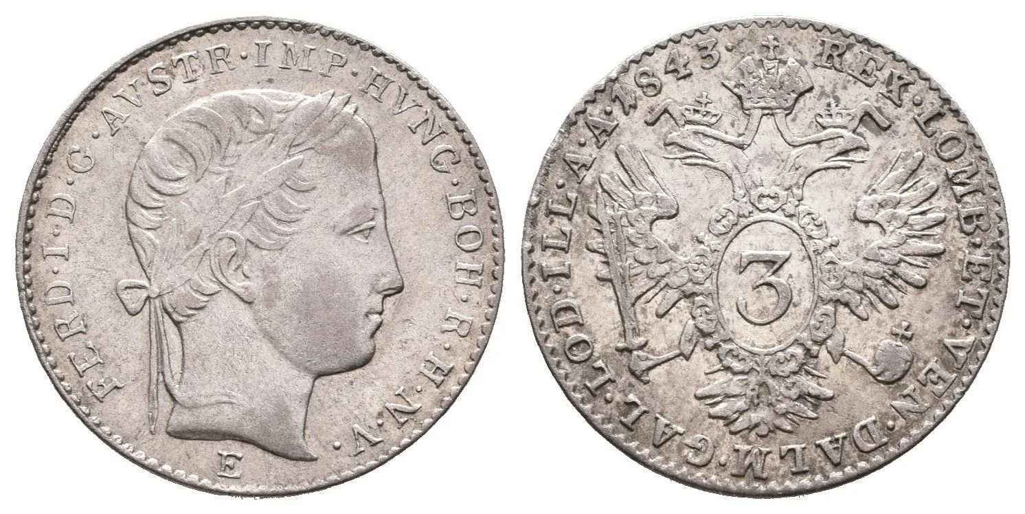 3 Krejcar 1843 E, Karlsburg, Husz.2090, velmi pěkná zachovalost, — 1