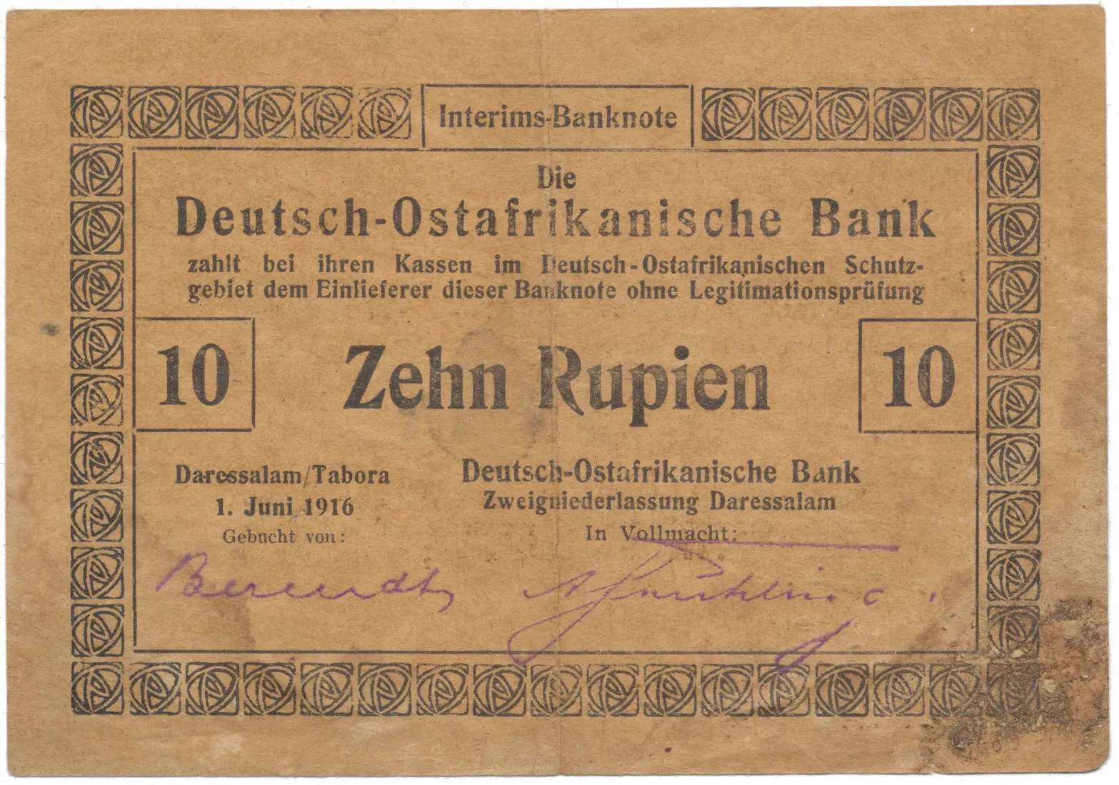 Německá Východní Afrika, 10 Rupien 1. 6. 1916, R.935a