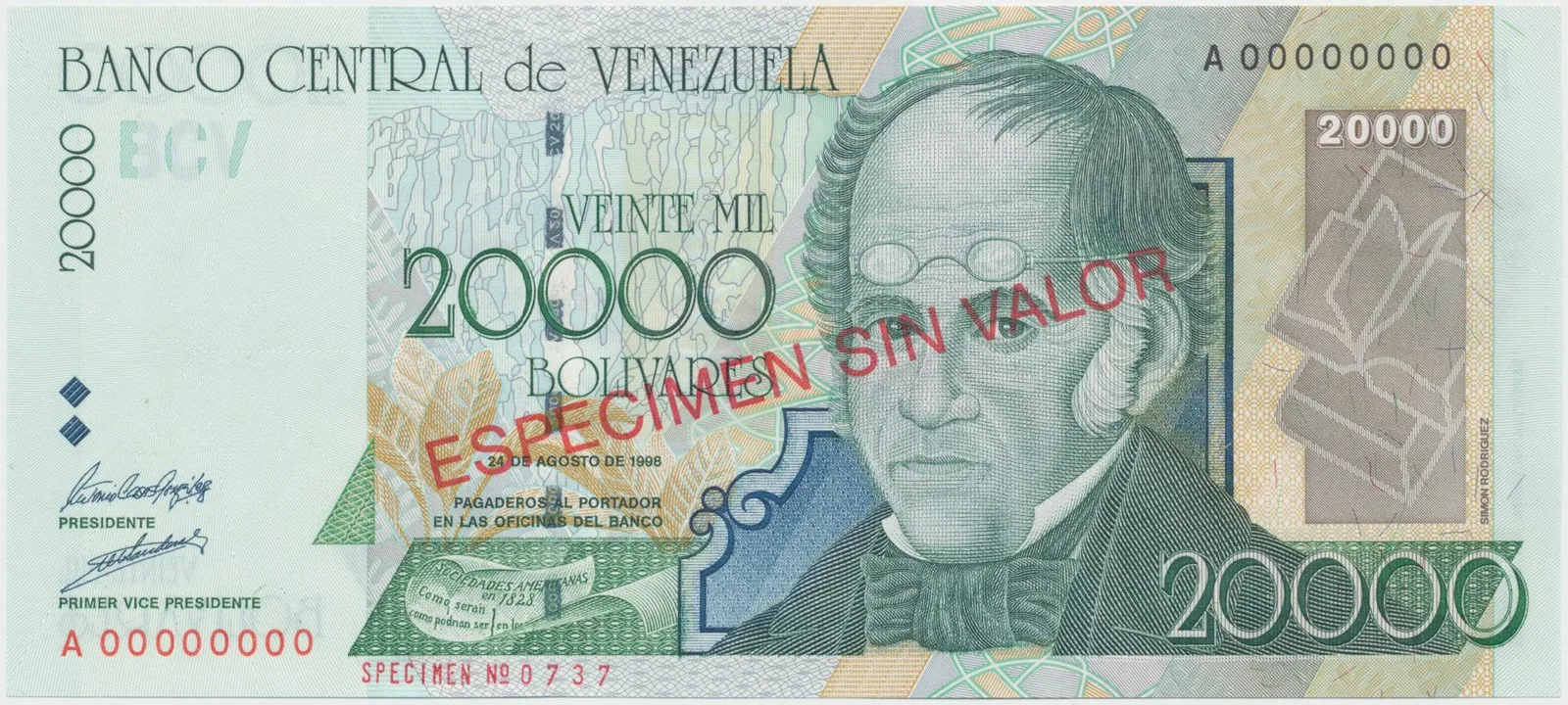 Venezuela, 20.000 Bolivares 1998, anulát - ESPECIMEN, P.82s