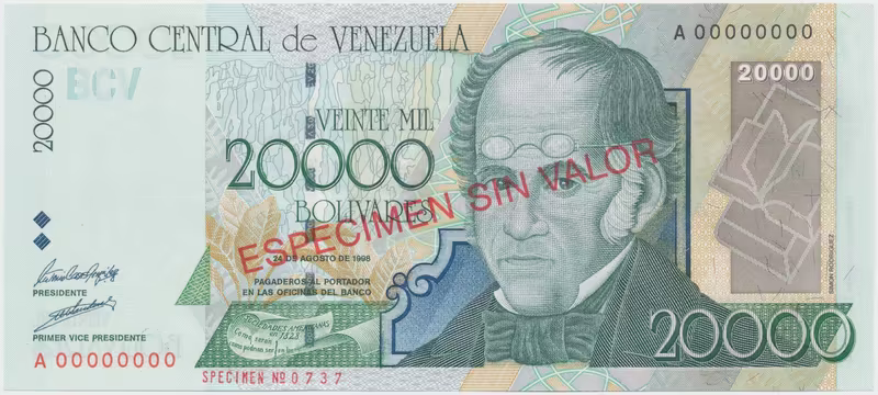 Venezuela, 20.000 Bolivares 1998, anulát - ESPECIMEN, P.82s