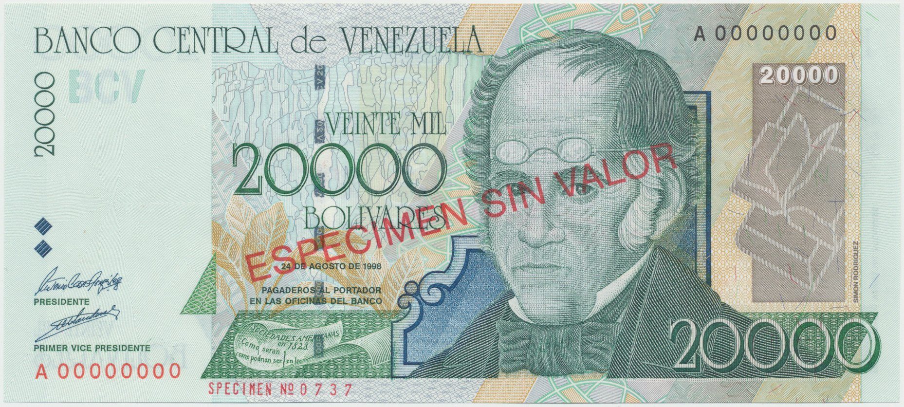 Venezuela, 20.000 Bolivares 1998, anulát - ESPECIMEN, P.82s