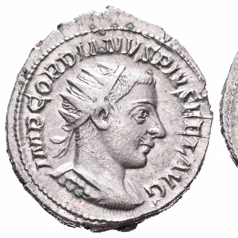Antoninian, 243 - 244, Rv: FORTVNA REDVX, sedící Fortuna zleva drží kotvu a roh