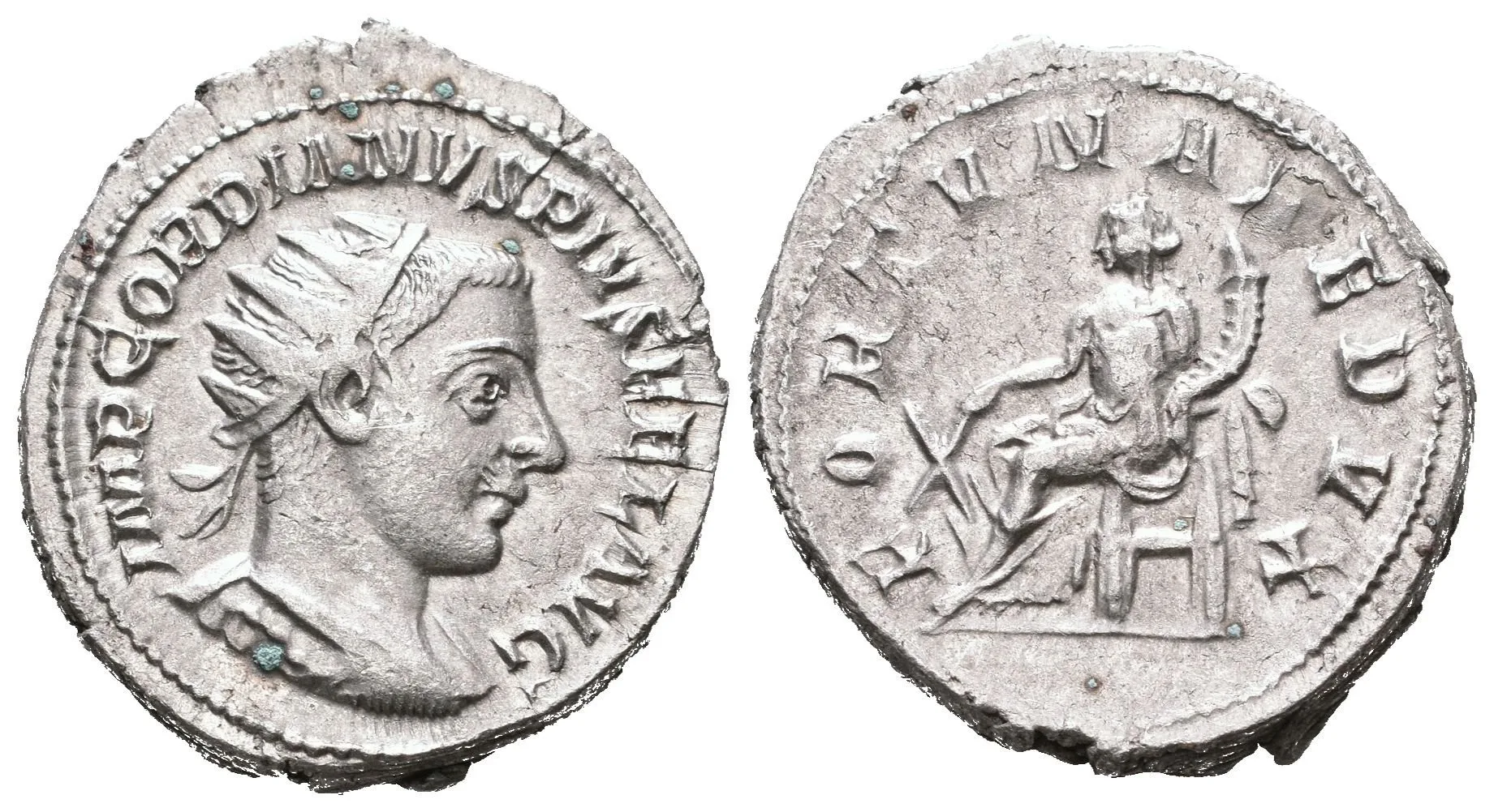 Antoninian, 243 - 244, Rv: FORTVNA REDVX, sedící Fortuna zleva drží kotvu a roh — 1