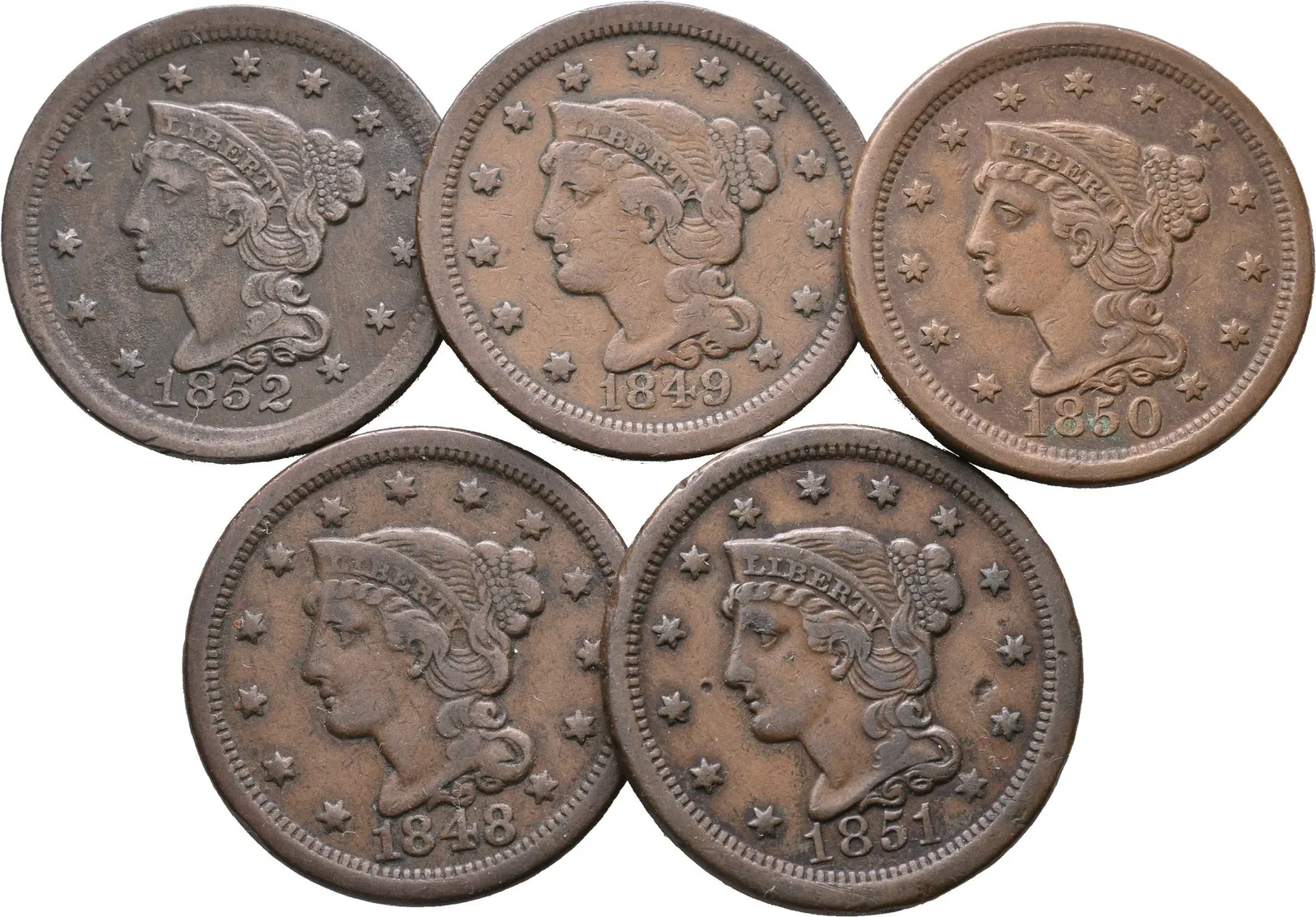 1 Cent 1848-1852, KM.67, patina, rysky, část v pěkné zachovalosti_5 ks — 1