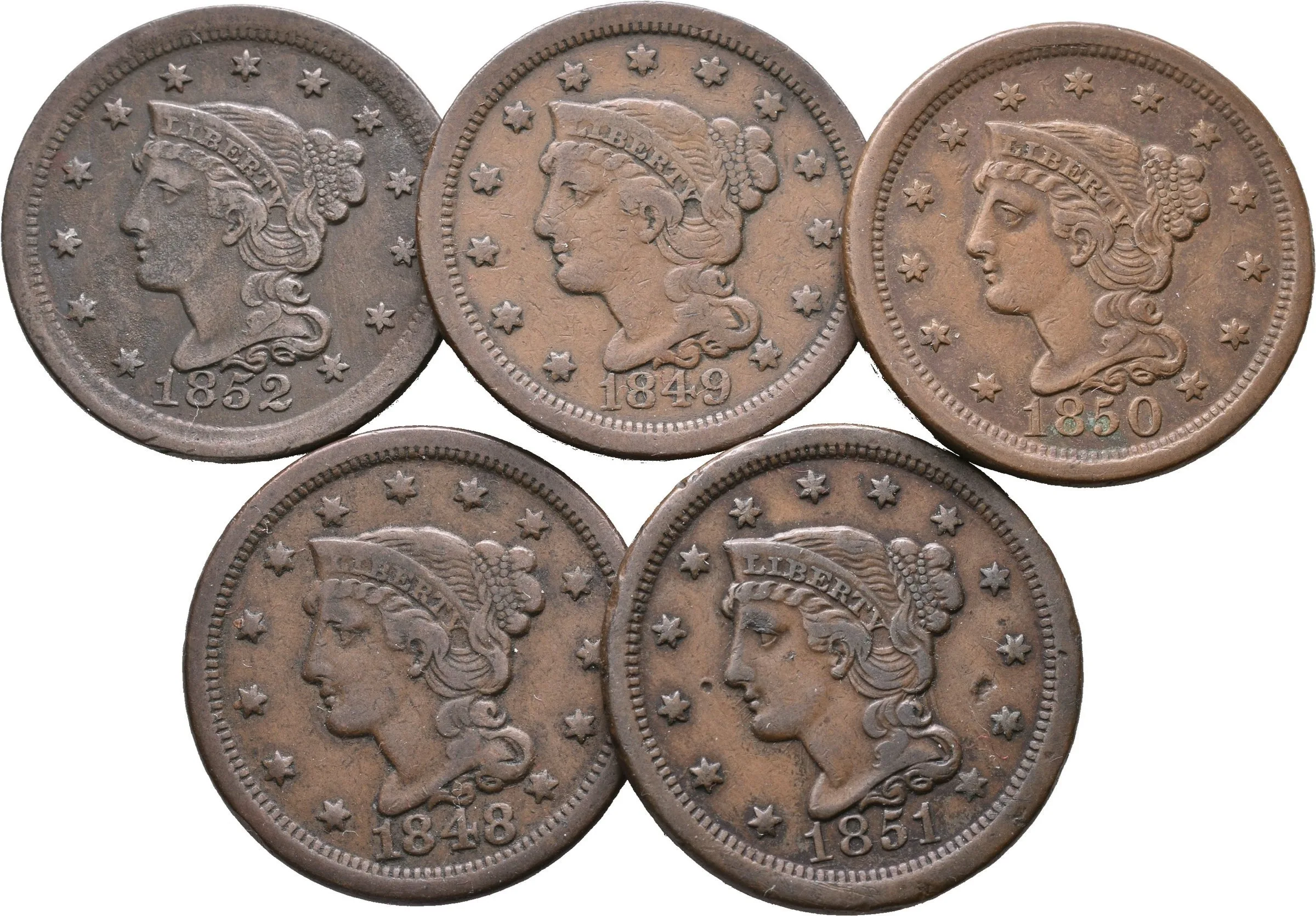 1 Cent 1848-1852, KM.67, patina, rysky, část v pěkné zachovalosti_5 ks — 1