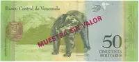 Venezuela, 50 Bolivares 2013, anulát - MUESTRA SIN VALOR, P.92hs - fotografie 2