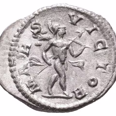Denár, Rv: MARS VICTOR, kráčející Mars doleva nese trofej a oštěp, RIC.123,