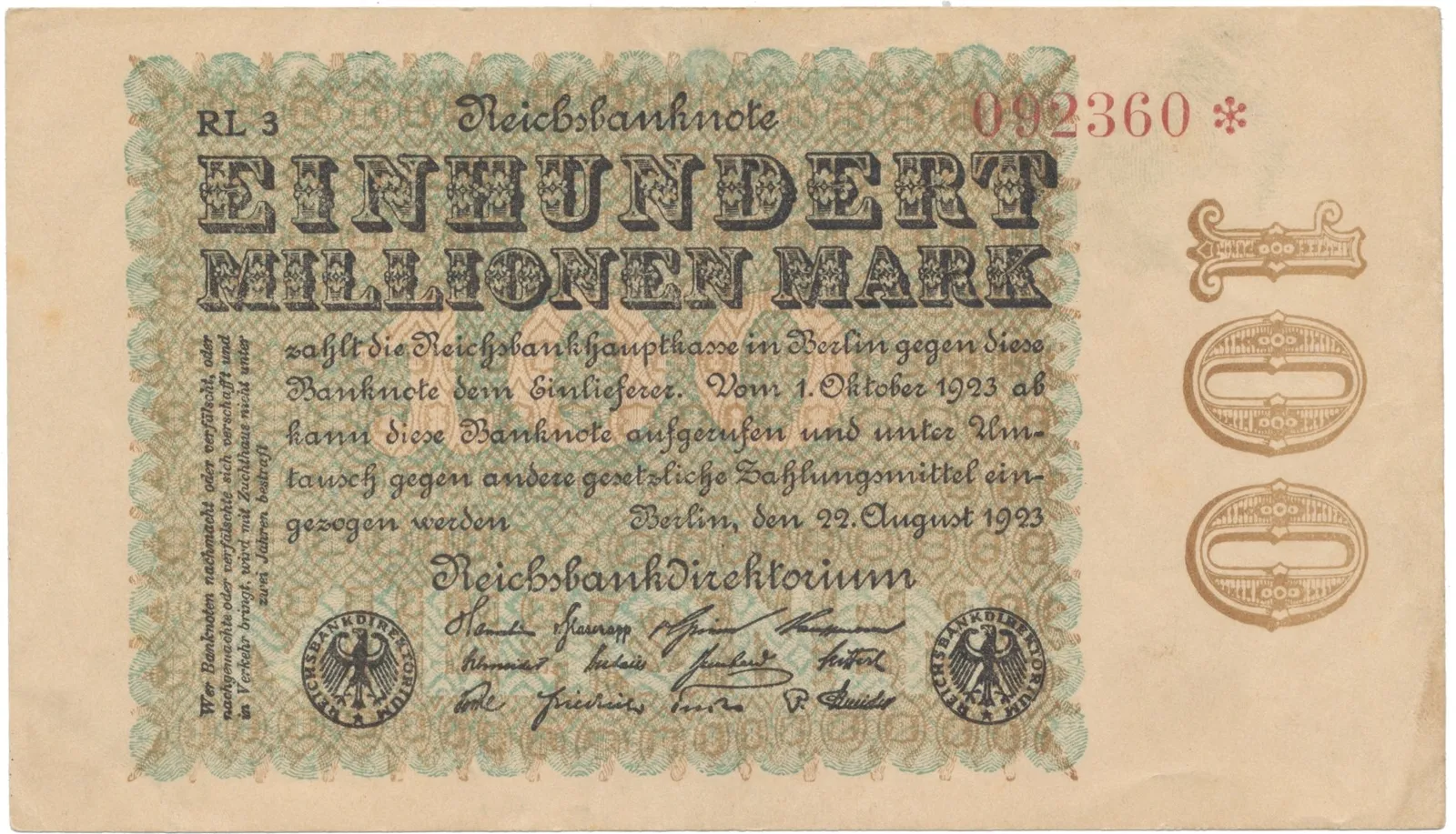 Německo, 100 Millionen Mark 1923, Hakensterne, Ro.106l
