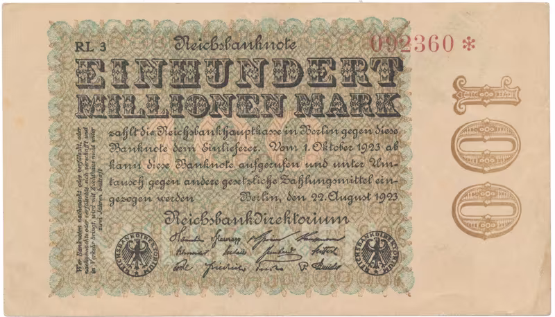 Německo, 100 Millionen Mark 1923, Hakensterne, Ro.106l