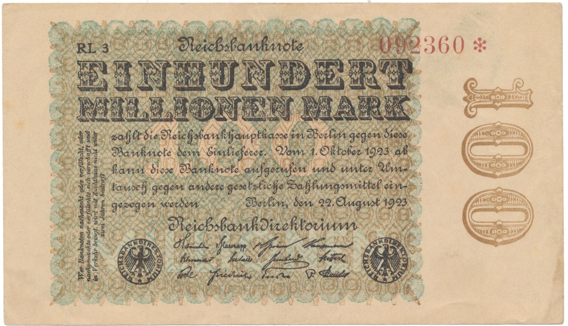 Německo, 100 Millionen Mark 1923, Hakensterne, Ro.106l