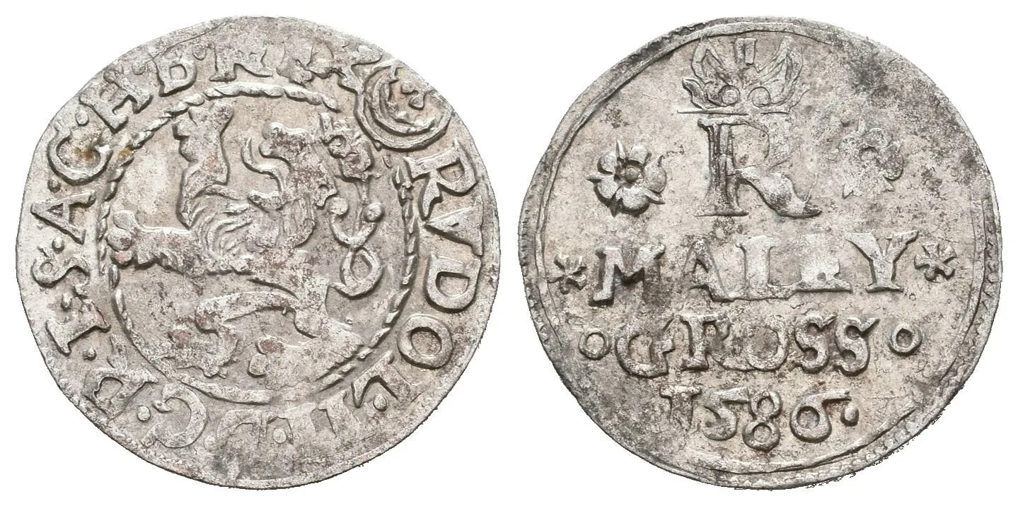 Malý groš 1586, Jáchymov-Hofmann, HN.8a (opis 7c), patina, rysky — 1