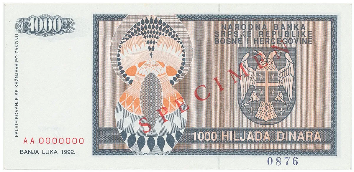 Bosna a Hercegovina, 1000 Dinara 1992, bankovní vzor, AA 0000000, přet. SPECIMEN, P.137s