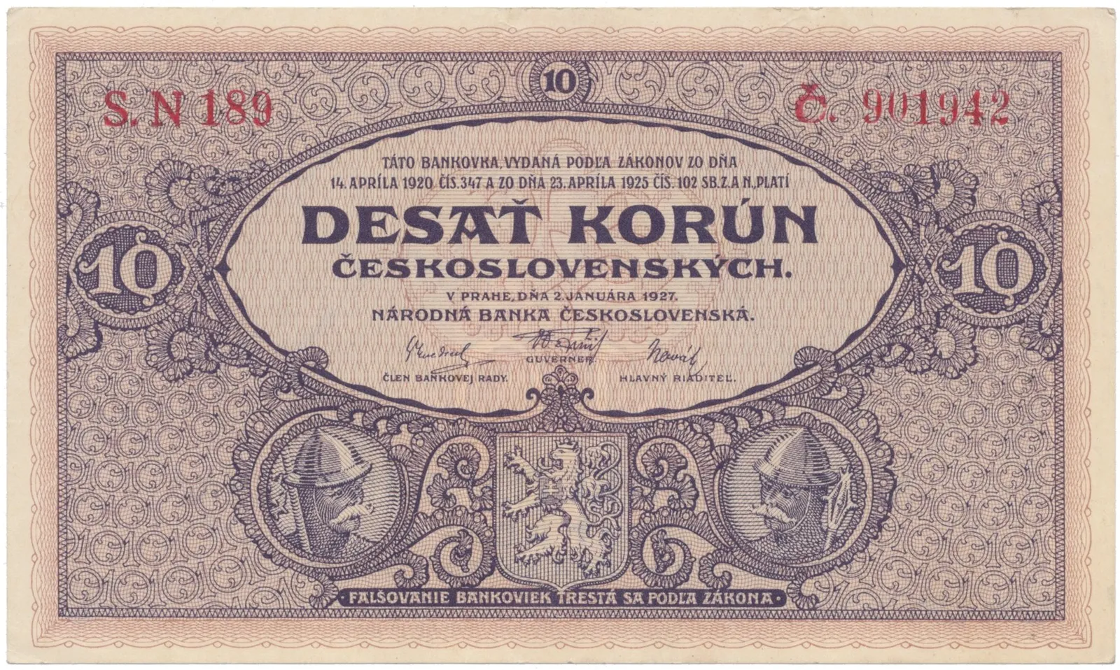 10 Koruna 1927, série N, Hej.22b