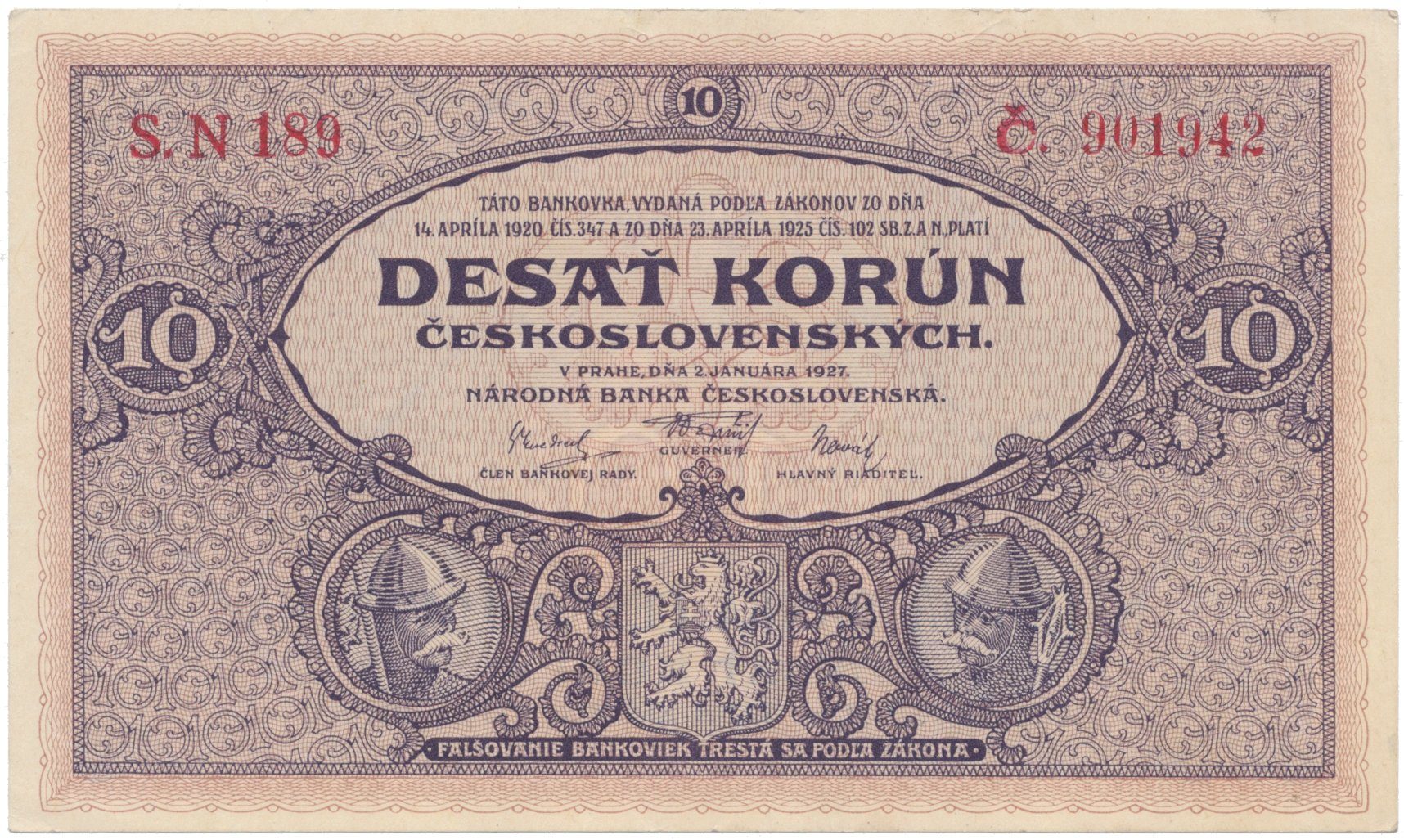 10 Koruna 1927, série N, Hej.22b