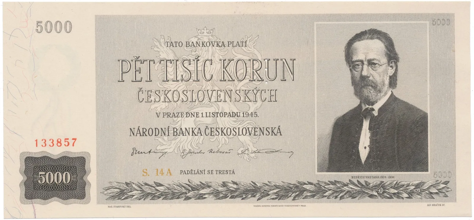 5000 Koruna 1945, perforace 3. m.d., Hej.80a