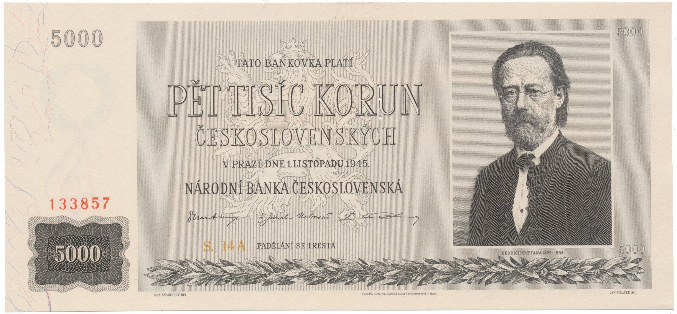 5000 Koruna 1945, perforace 3. m.d., Hej.80a